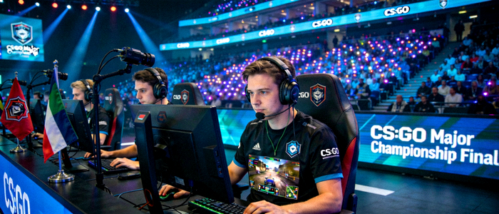 CS:GO Major锦标赛决赛现场，选手戴耳机专注比赛